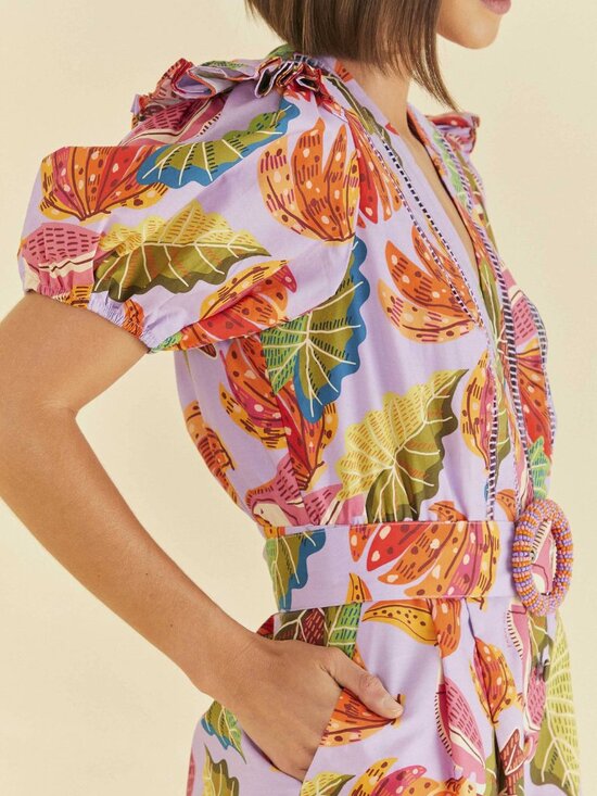 NWT Farm Rio Beaks & Bananas Ruffle Belted Romper Lilac l Medium l MSRP $200 - Picture 1 of 7